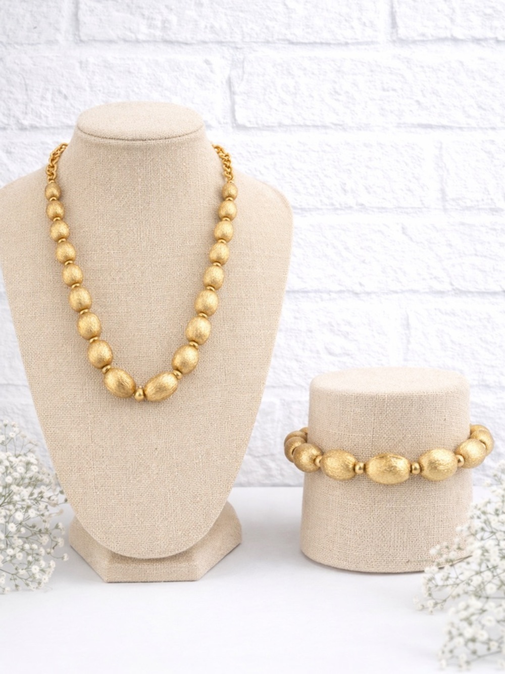 Vintage Trifari Gold Bead Necklace and Bracelet Set